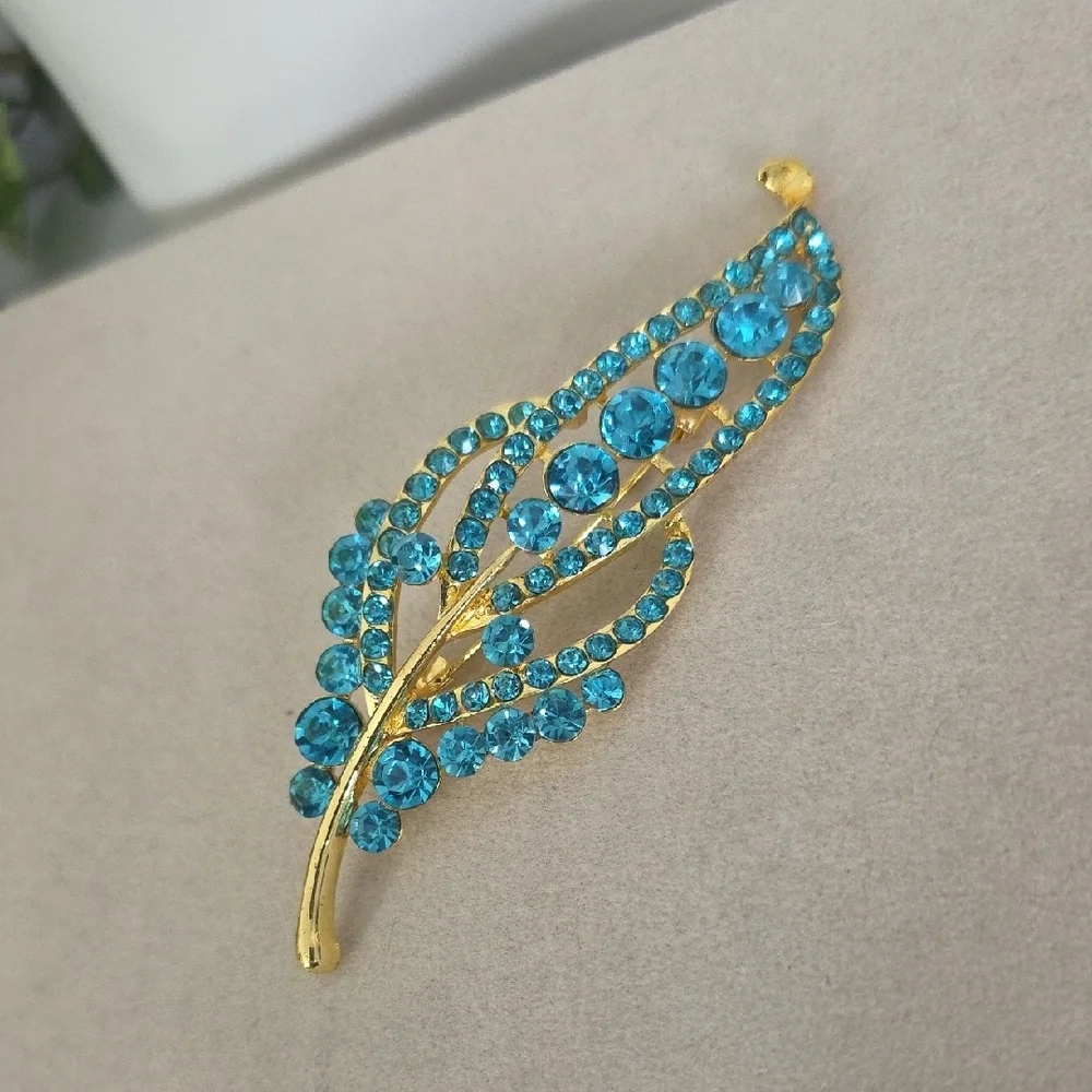 Gold with Turquoise Blue Rhinestone Leaf Brooch Pin